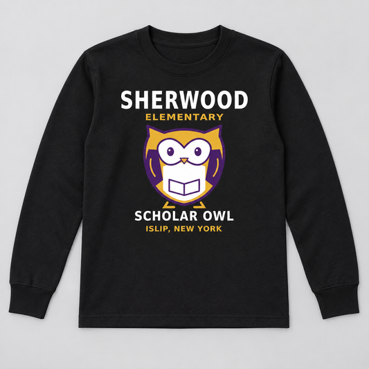 Black Sherwood Elementary Scholar Owl Youth Long Sleeve Tee