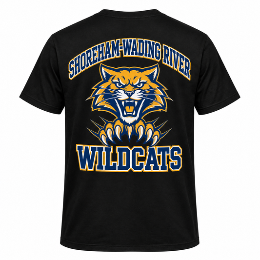 Shoreham-Wading River Varsity Tee — Black — single black garment back view