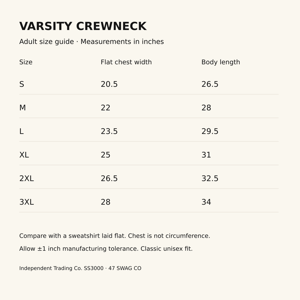 Adult S through 3XL SS3000 crewneck chest and body length size chart