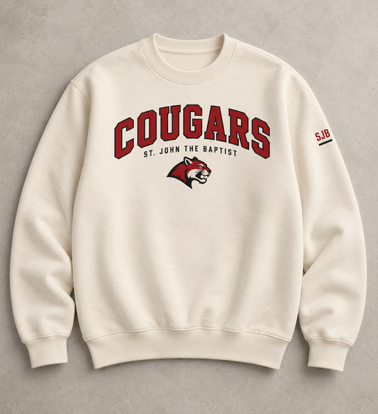 SJB Cougars cream varsity crewneck with red collegiate chest print and SJB sleeve detail