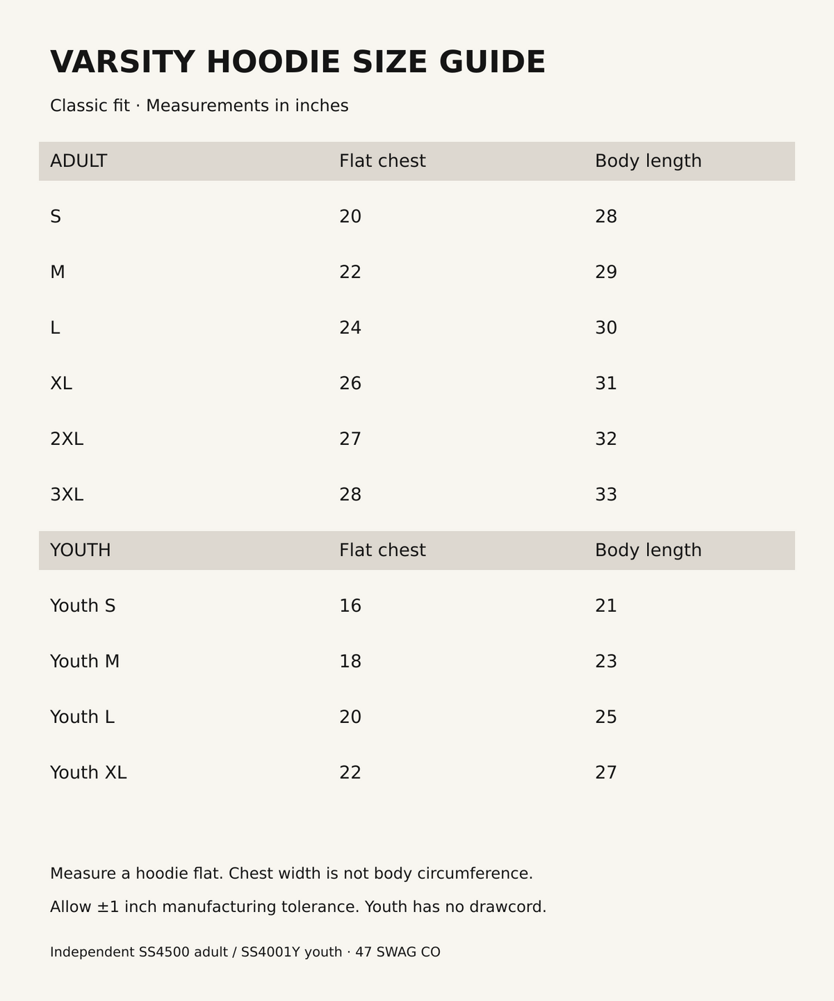 Adult and youth varsity hoodie size guide in inches