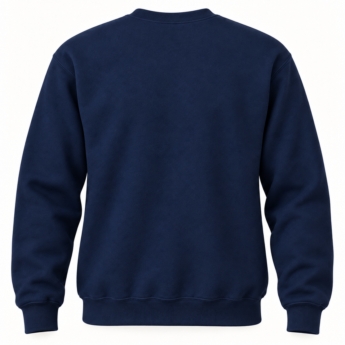 Plain navy crewneck back view; no back print