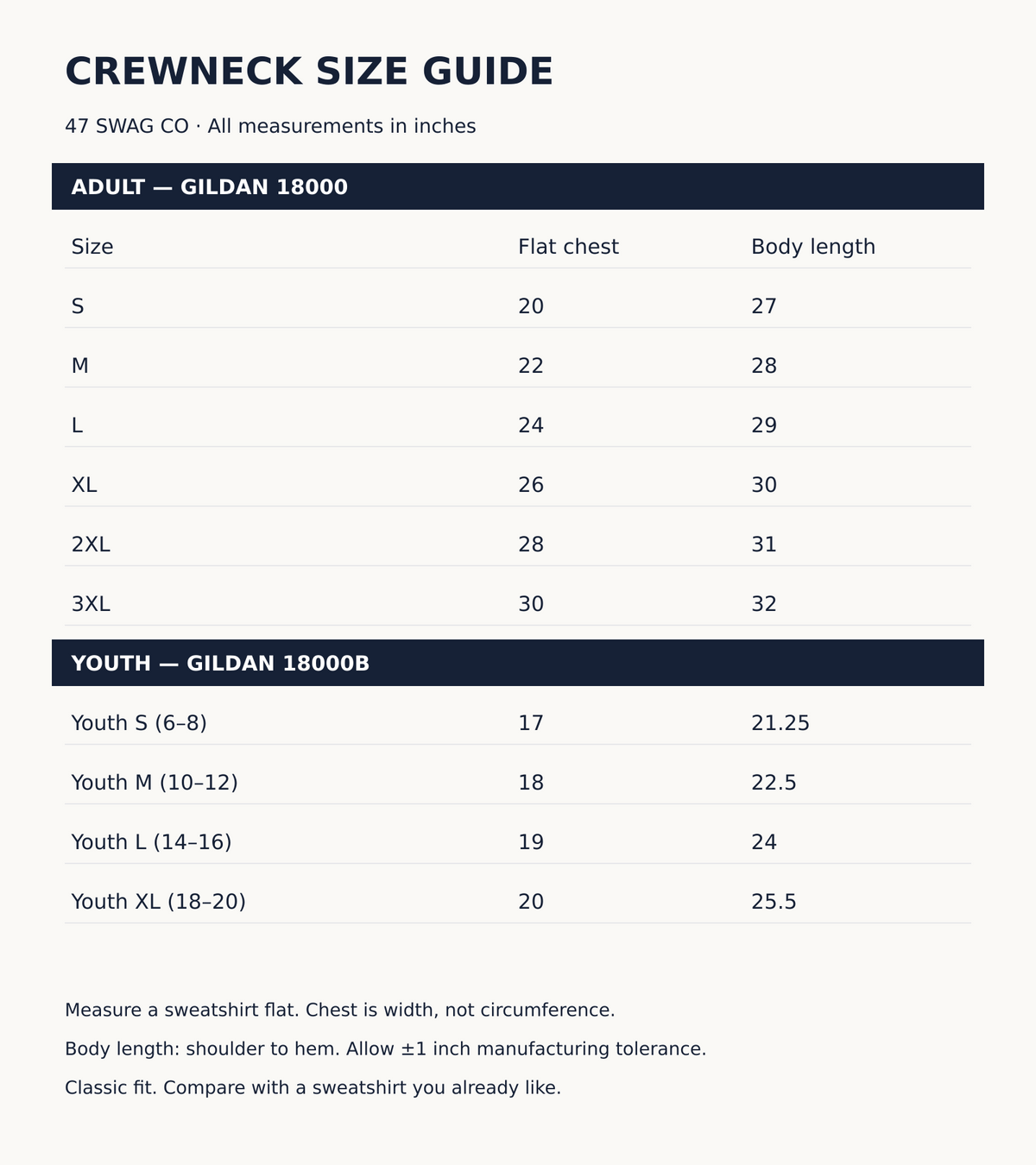 Gildan 18000 adult and 18000B youth crewneck size chart in inches