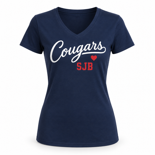 St John the Baptist Cougars Women's Script V-Neck Tee in Navy