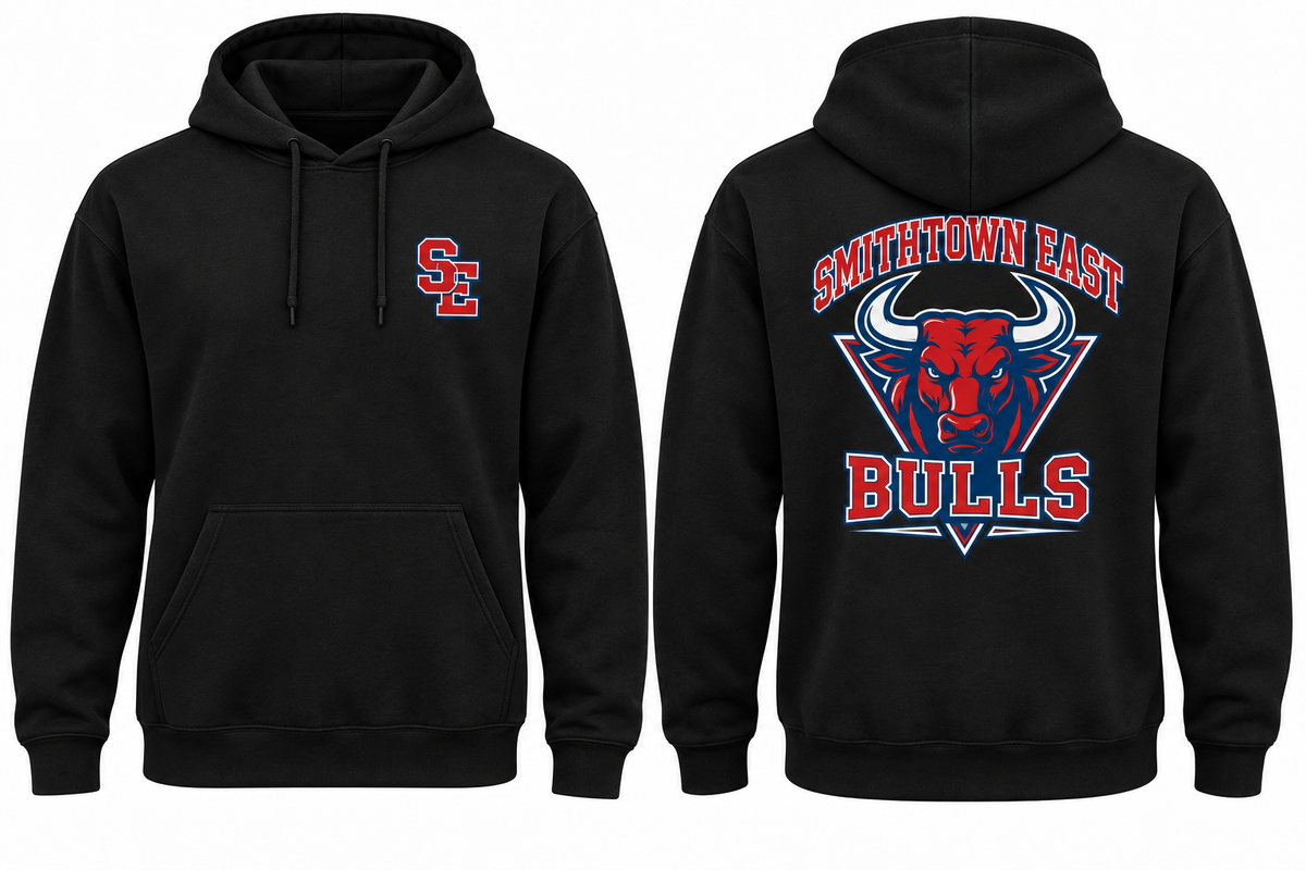 SMITHTOWN EAST BULLS black hoodie front and back