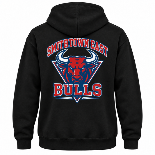 Smithtown East Varsity Hoodie — Black — single black garment back view