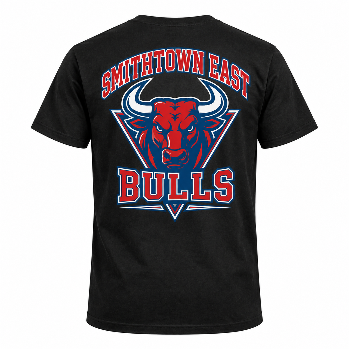 Smithtown East Varsity Tee — Black — single black garment back view
