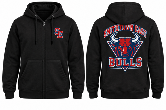 Smithtown East Varsity Zip-Up Hoodie — Black front and back