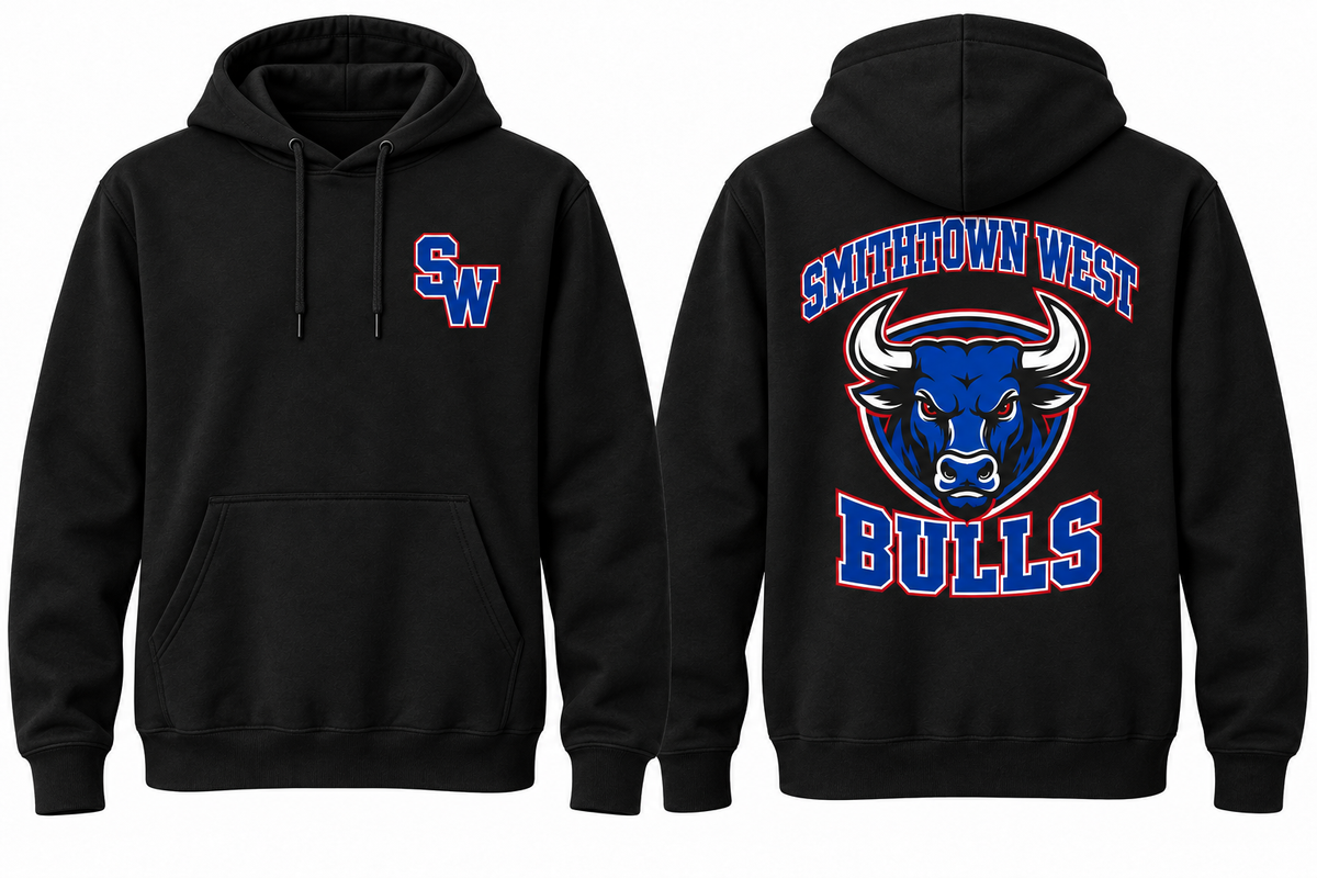 SMITHTOWN WEST BULLS black hoodie front and back