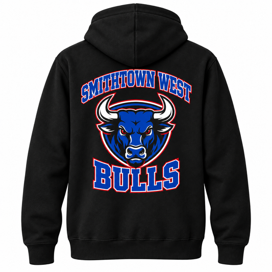 Smithtown West Varsity Hoodie — Black — single black garment back view