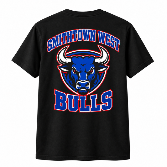 Smithtown West Varsity Tee — Black — single black garment back view