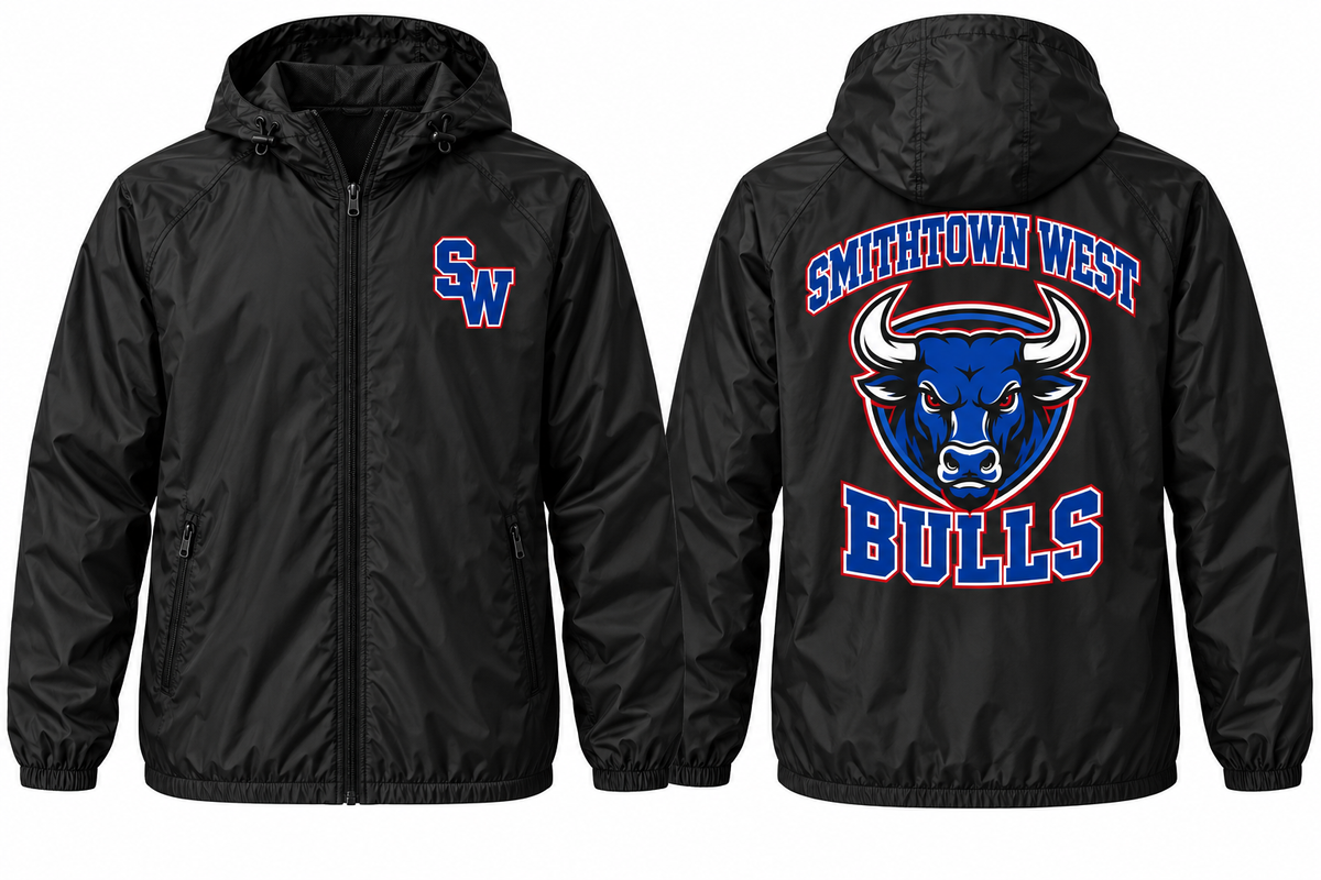 Smithtown West Varsity Windbreaker — Black front and back