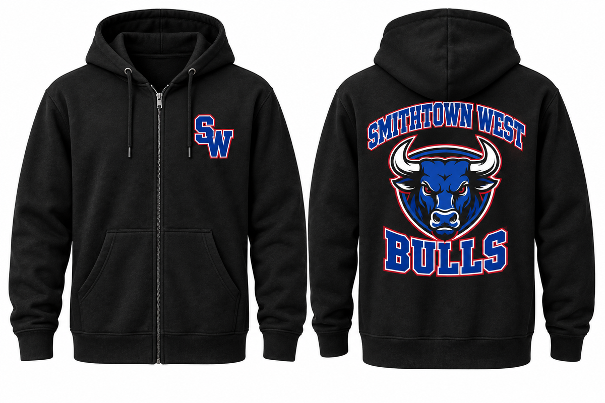 Smithtown West Varsity Zip-Up Hoodie — Black front and back