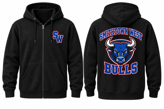 Smithtown West Varsity Zip-Up Hoodie — Black front and back