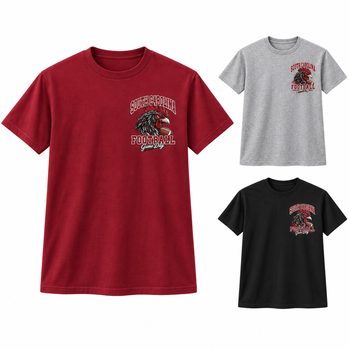 South Carolina Left-Chest Mascot T-Shirt — left hero, stacked color variants