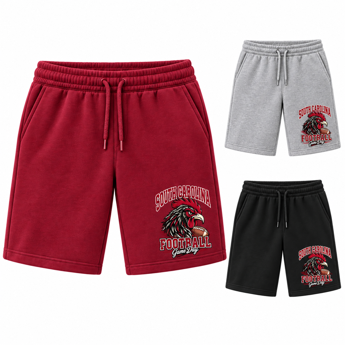 South Carolina Mascot Fleece Shorts — left hero, stacked color variants