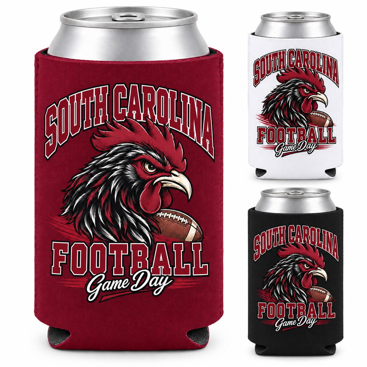 South Carolina Mascot Game Day Can Cooler — left hero, stacked color variants