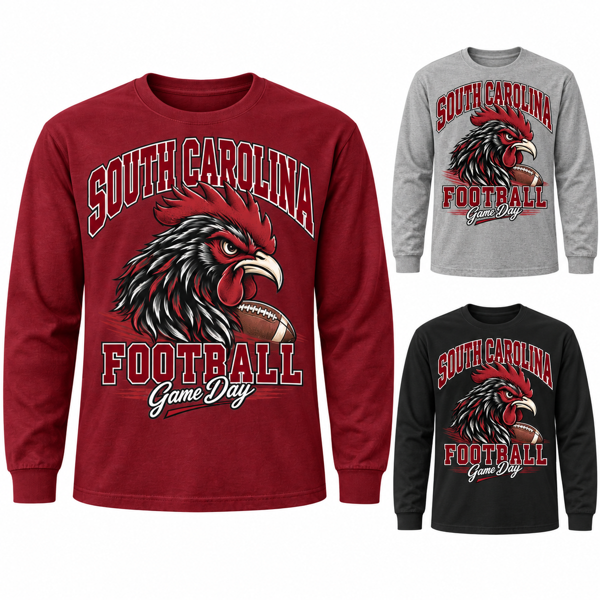 South Carolina Mascot Long Sleeve T-Shirt — left hero, stacked color variants