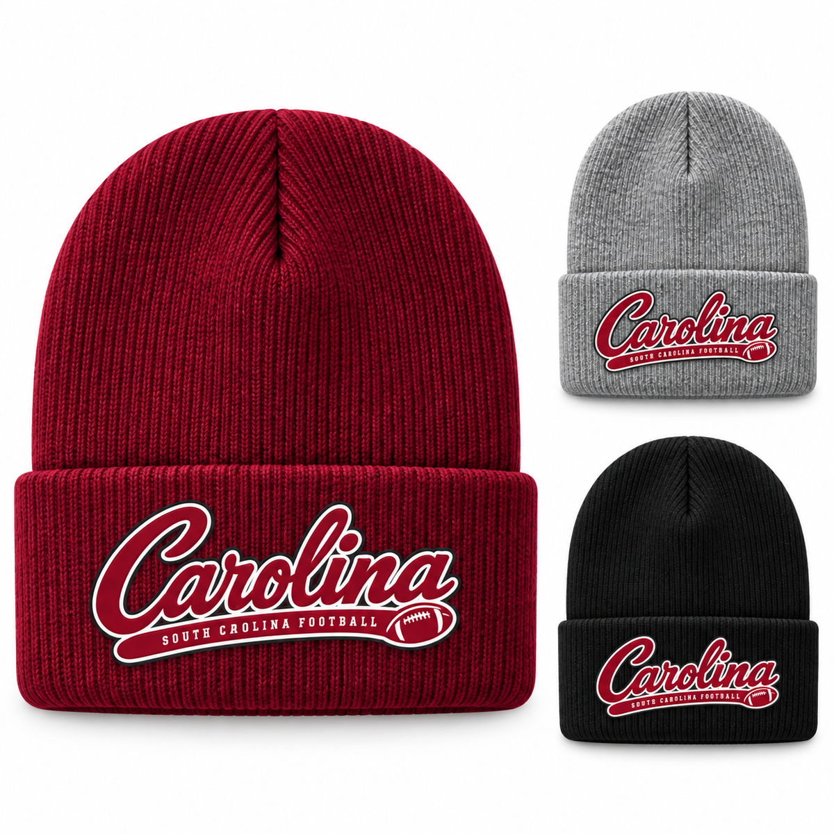 South Carolina Saturday Script Cuffed Beanie — left hero, stacked color variants