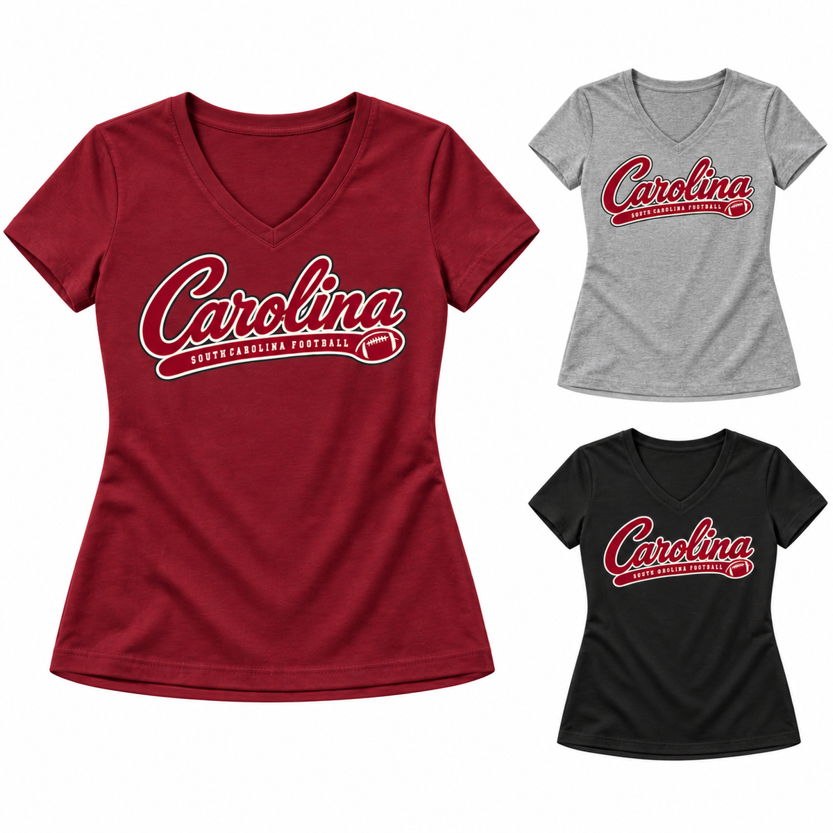 South Carolina Women's Saturday Script V-Neck T-Shirt — left hero, stacked color variants