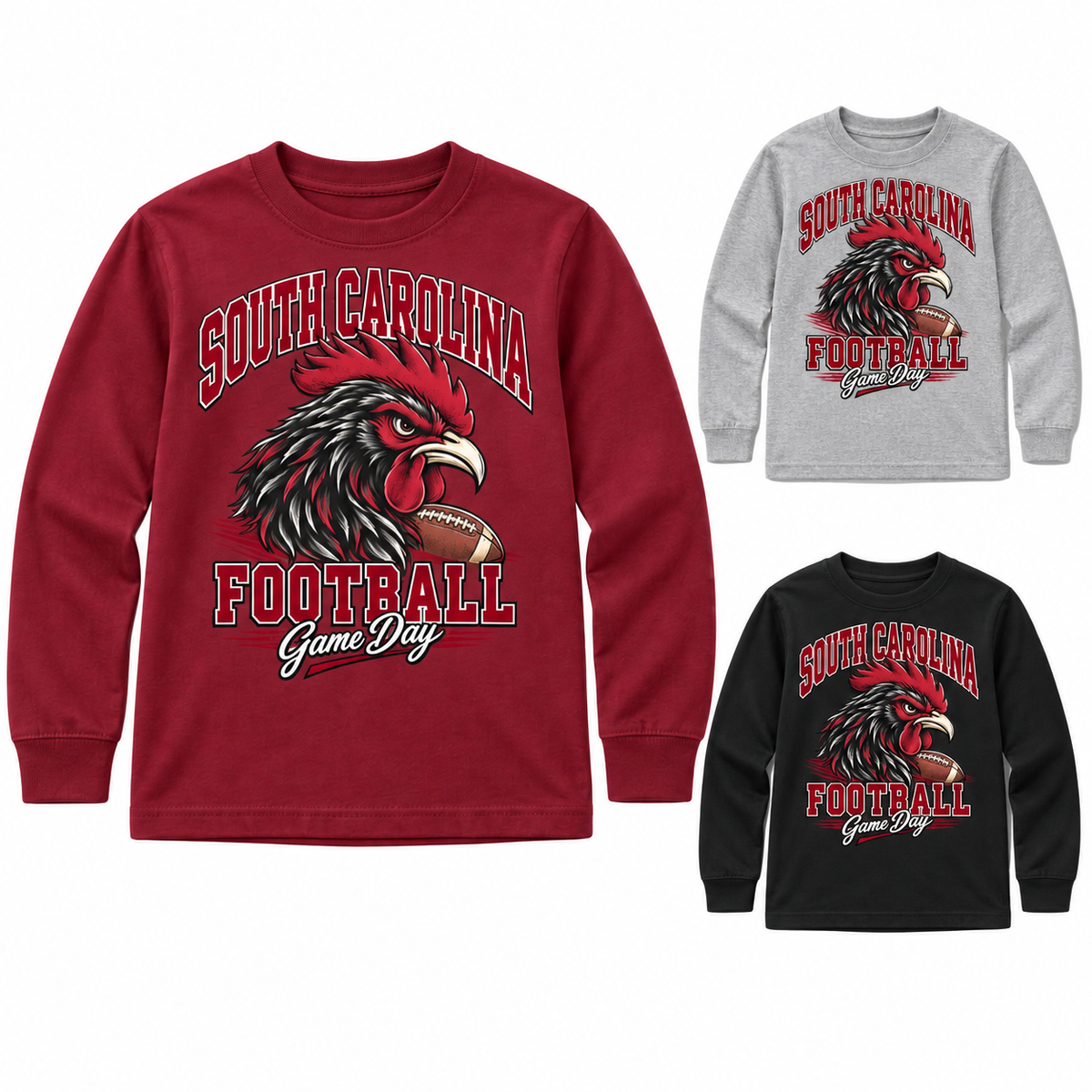 South Carolina Youth Mascot Long Sleeve T-Shirt — left hero, stacked color variants