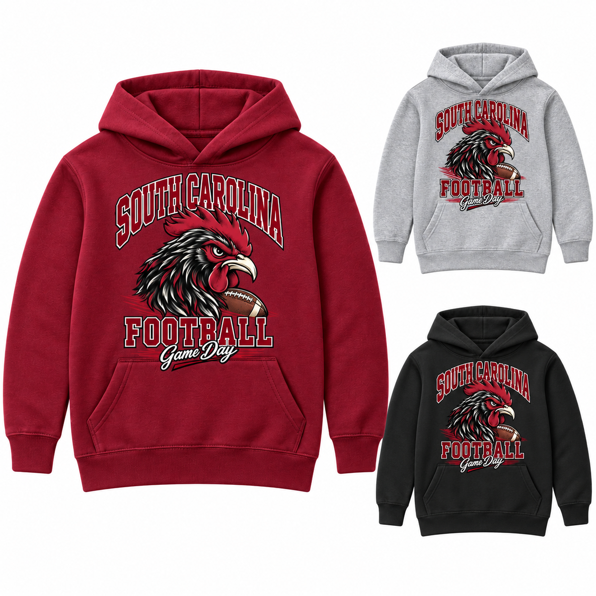 South Carolina Youth Mascot Pullover Hoodie — left hero, stacked color variants