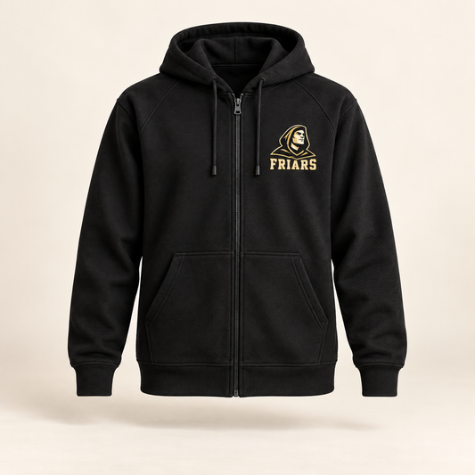 St. Anthony's Sideline Friars Full-Zip Hoodie in Black — front view, independent Friars fan gear by 47 Swag Co