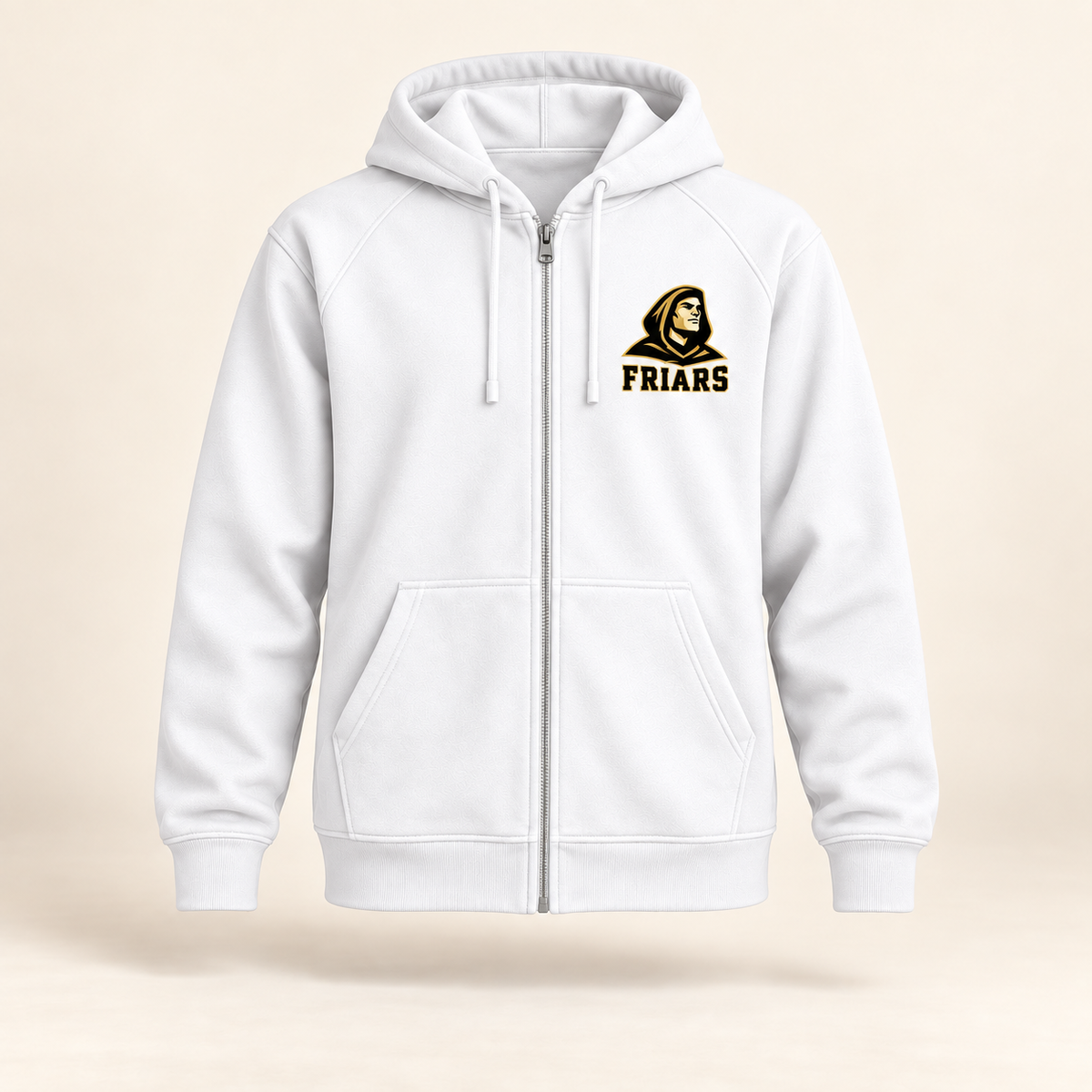 St. Anthony's Sideline Friars Full-Zip Hoodie in White — front view, independent Friars fan gear by 47 Swag Co