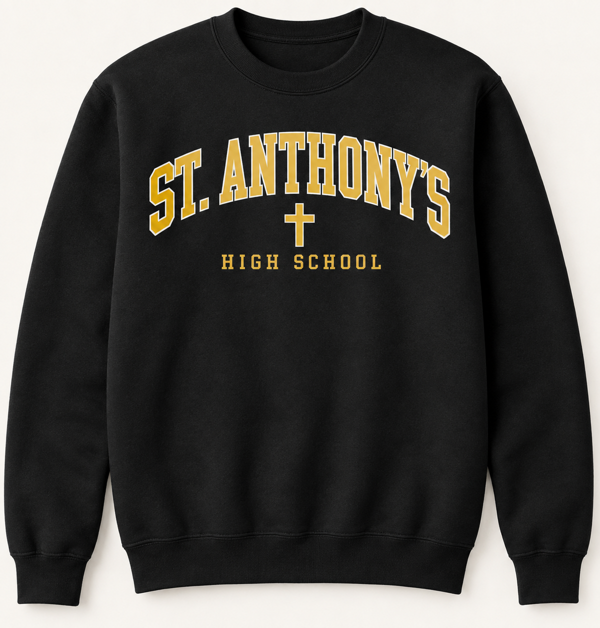St. Anthony's High School Cross Crewneck in Black — collegiate lettering and simple cross