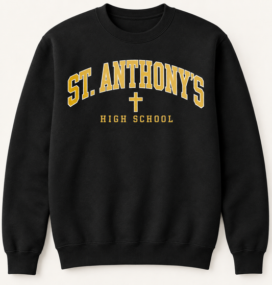 St. Anthony's High School Cross Crewneck in Black — collegiate lettering and simple cross