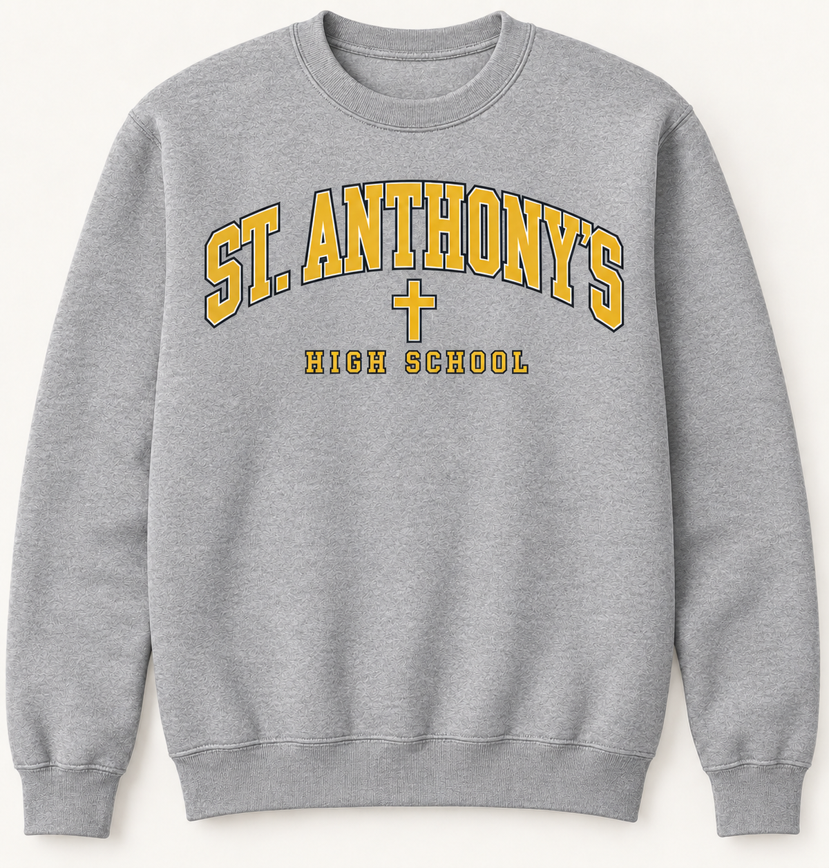 St. Anthony's High School Cross Crewneck in Heather Gray — collegiate lettering and simple cross