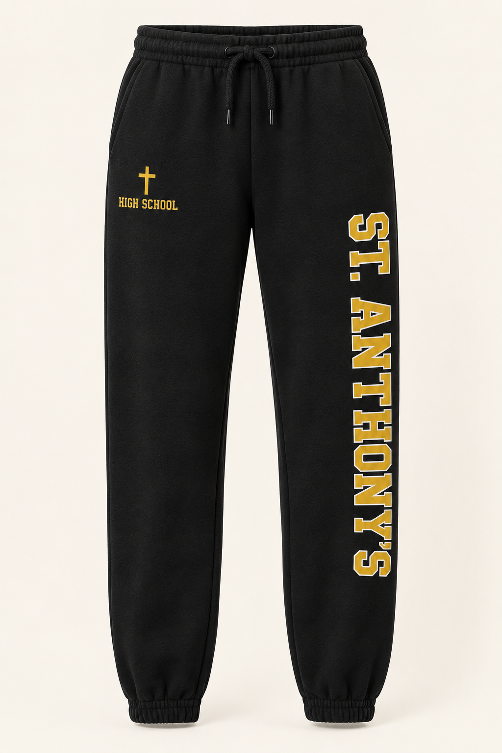 St. Anthony's High School Collegiate Leg-Print Joggers in Black — collegiate lettering and simple cross