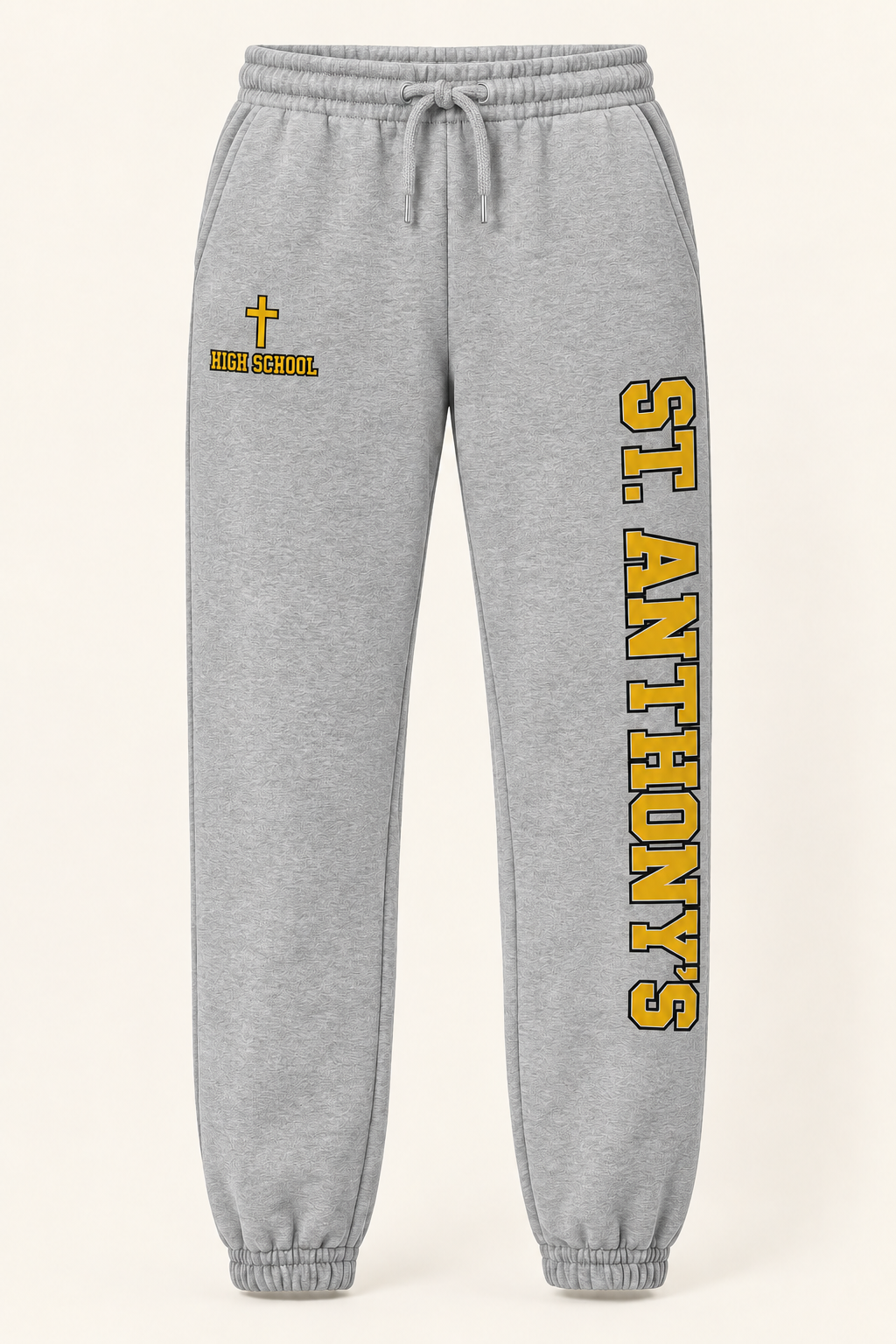 St. Anthony's High School Collegiate Leg-Print Joggers in Heather Gray — collegiate lettering and simple cross