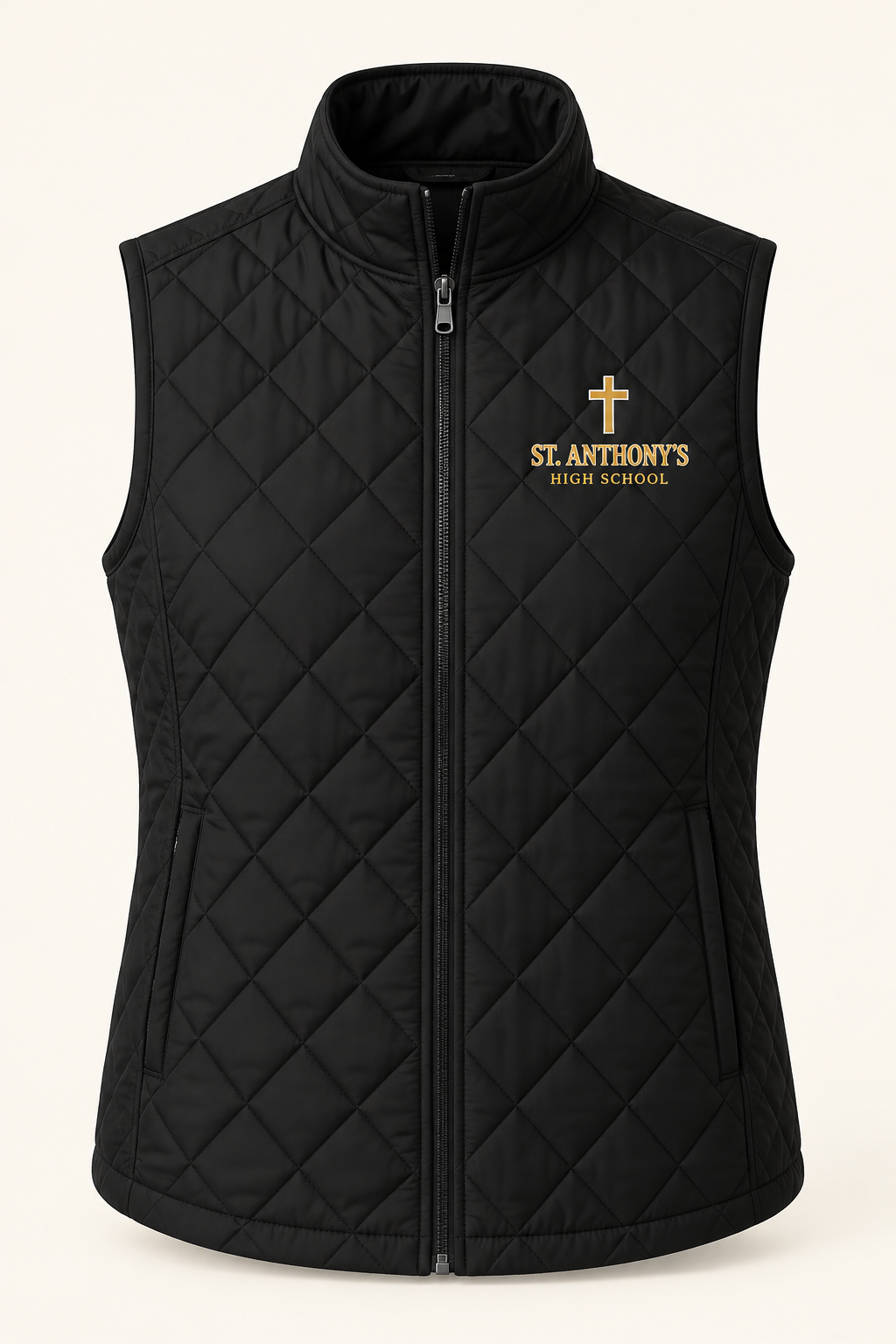 St. Anthony's High School Cross Quilted Vest in Black — collegiate lettering and simple cross