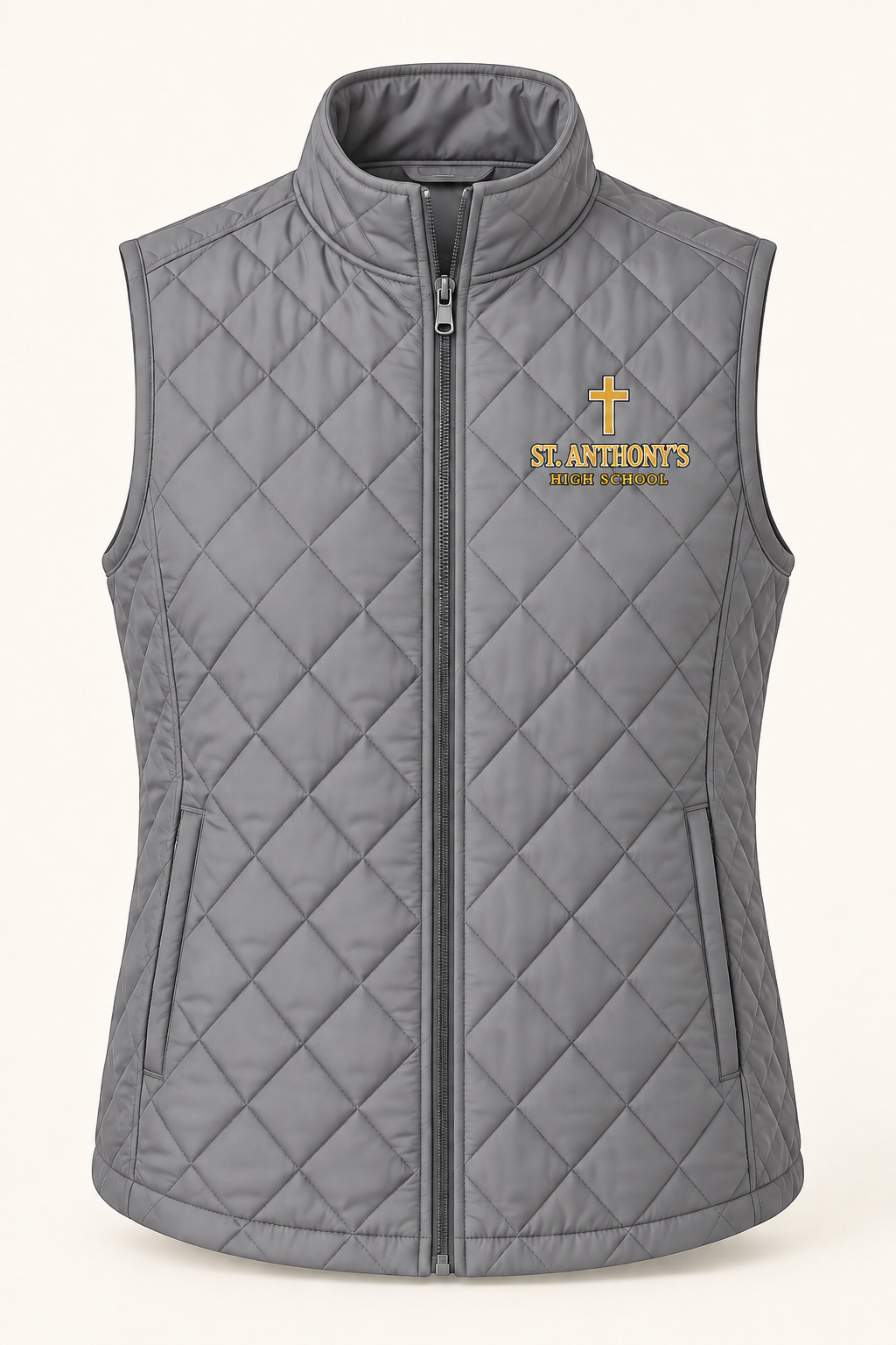 St. Anthony's High School Cross Quilted Vest in Gray — collegiate lettering and simple cross