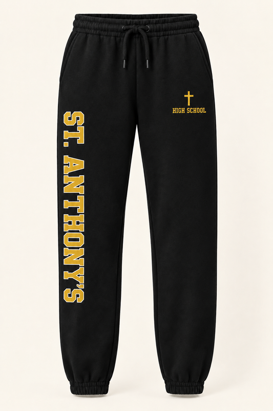 St. Anthony's Black joggers: cross at wearer's left front pocket, school name down wearer's right leg