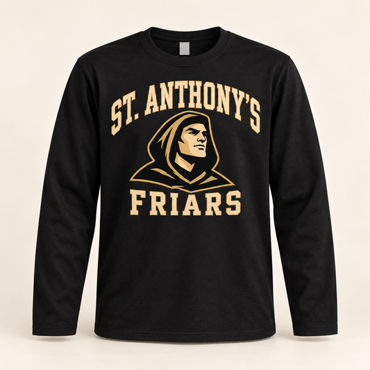 St. Anthony's Varsity Friar Long-Sleeve Shirt in Black — front view, independent Friars fan gear by 47 Swag Co