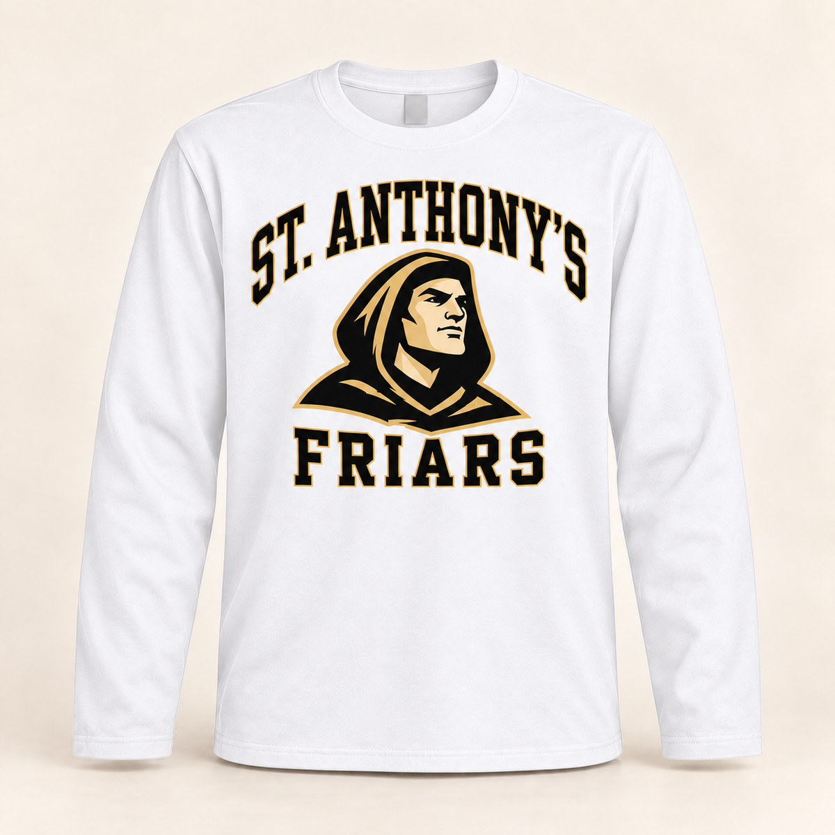 St. Anthony's Varsity Friar Long-Sleeve Shirt in White — front view, independent Friars fan gear by 47 Swag Co