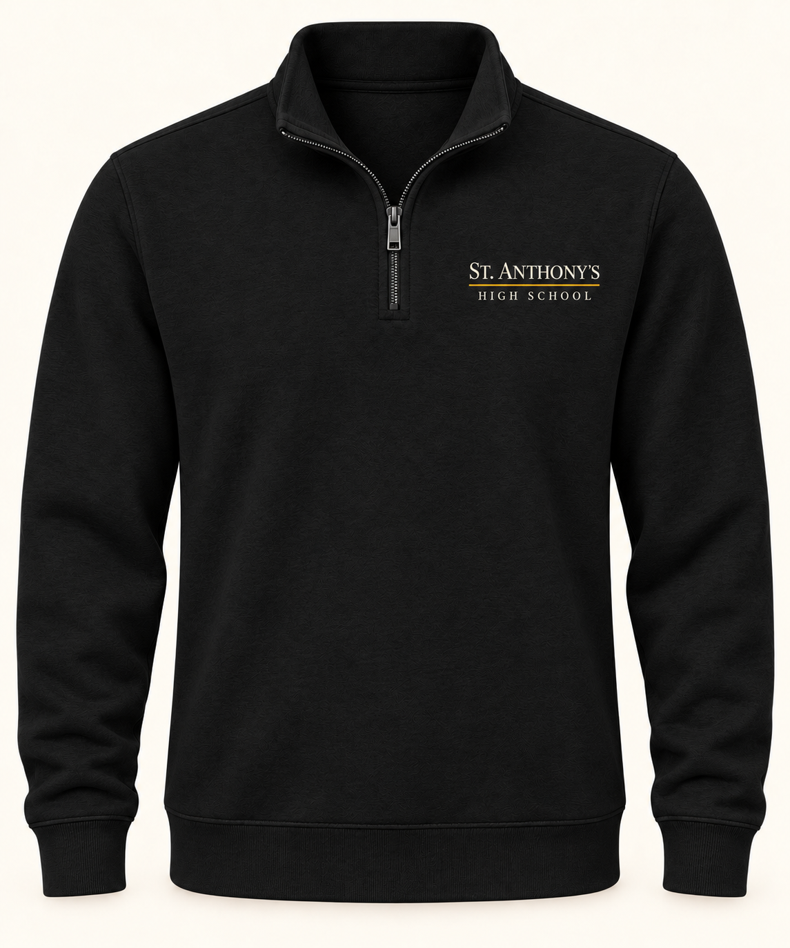 St. Anthony's Classic Name Prep Quarter-Zip in Black — left-chest print, front view