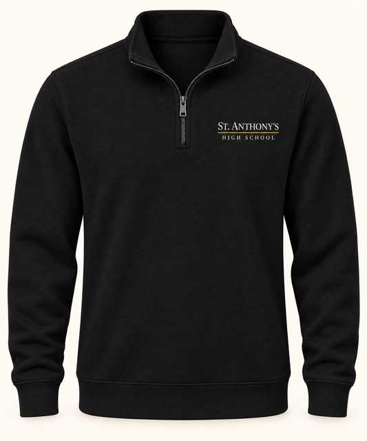 St. Anthony's Classic Name Prep Quarter-Zip in Black — left-chest print, front view