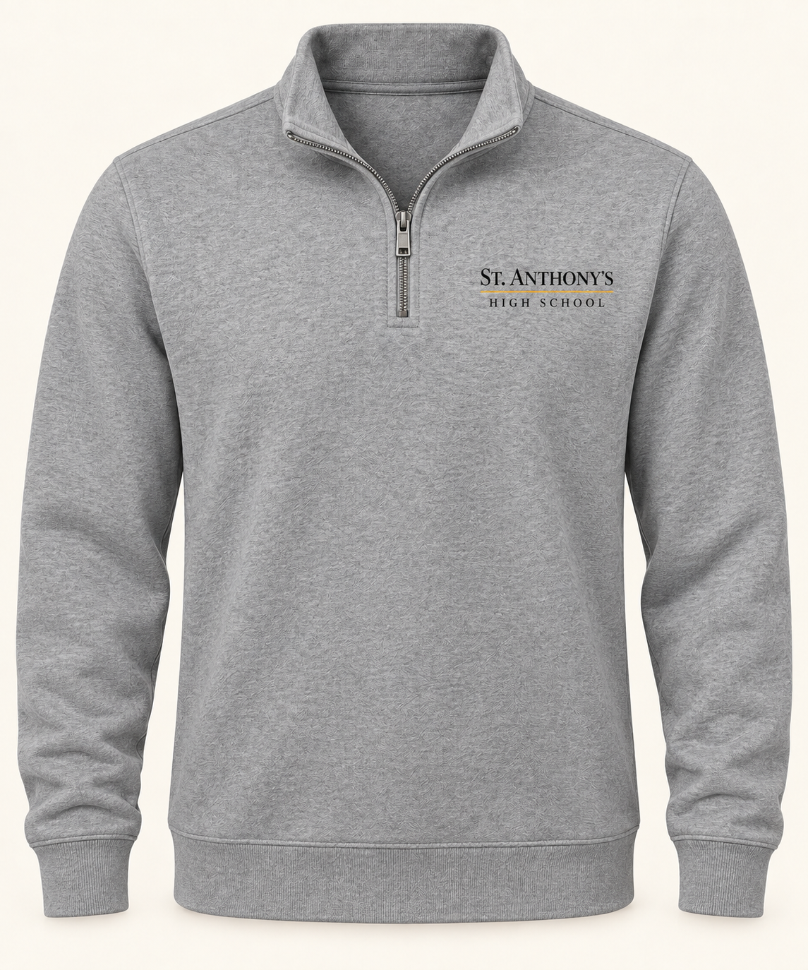 St. Anthony's Classic Name Prep Quarter-Zip in Heather Gray — left-chest print, front view