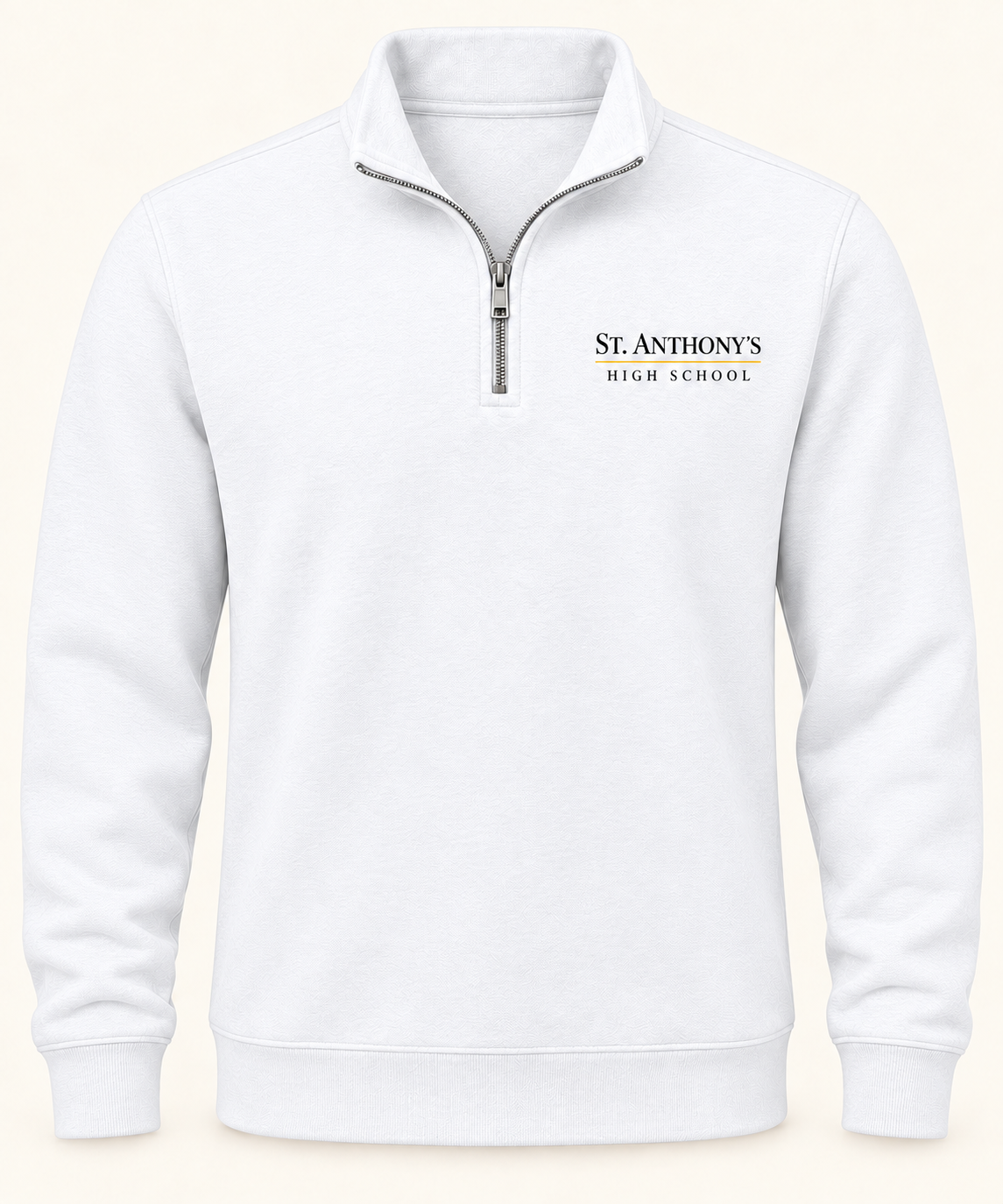 St. Anthony's Classic Name Prep Quarter-Zip in White — left-chest print, front view