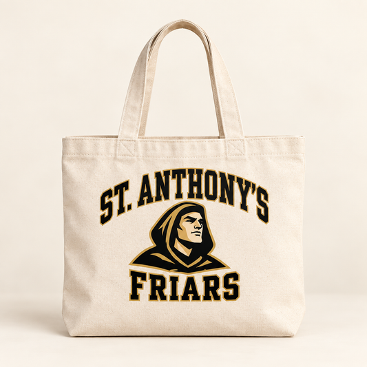 St. Anthony's Varsity Friar Everyday Tote in Natural — front view, independent Friars fan gear by 47 Swag Co