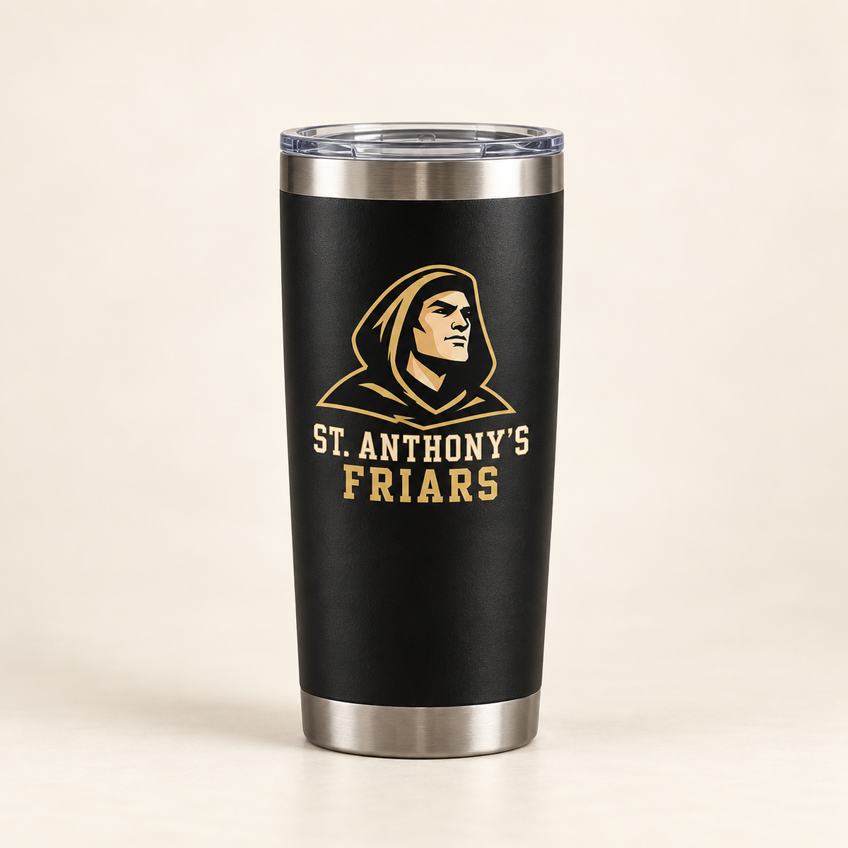 St. Anthony's Varsity Friar Tumbler in Black — front view, independent Friars fan gear by 47 Swag Co
