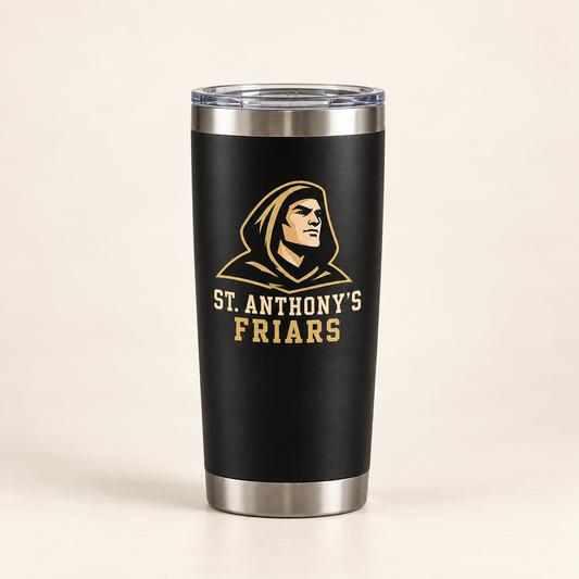 St. Anthony's Varsity Friar Tumbler in Black — front view, independent Friars fan gear by 47 Swag Co