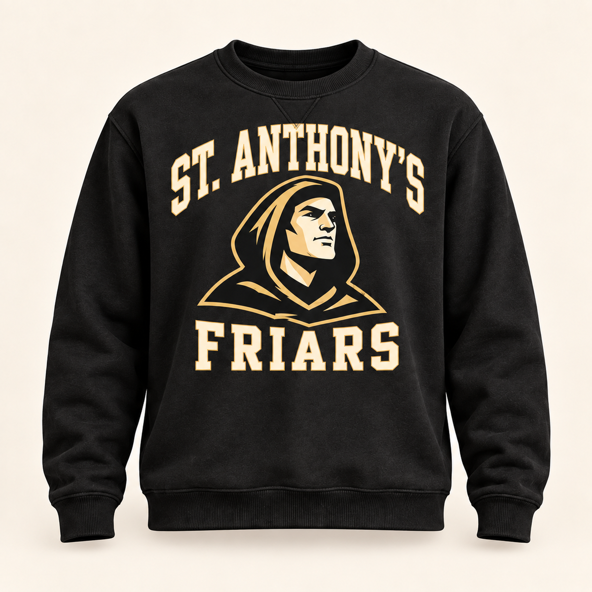 St. Anthony's Varsity Friar Crewneck Sweatshirt in Black — front view, independent Friars fan gear by 47 Swag Co