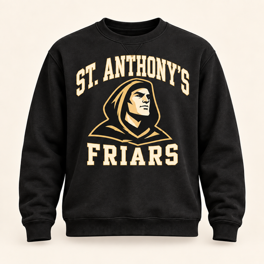 St. Anthony's Varsity Friar Crewneck Sweatshirt in Black — front view, independent Friars fan gear by 47 Swag Co