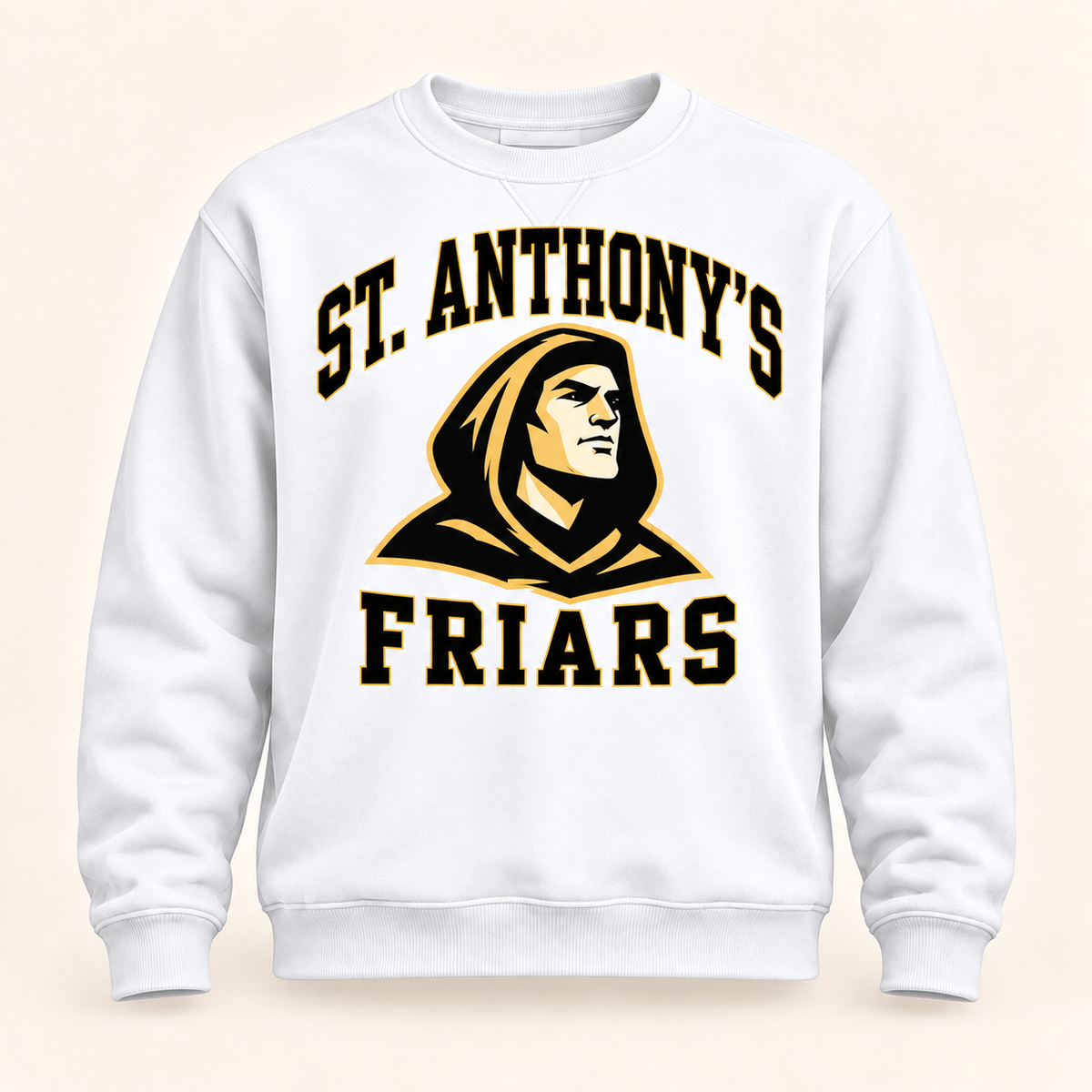 St. Anthony's Varsity Friar Crewneck Sweatshirt in White — front view, independent Friars fan gear by 47 Swag Co