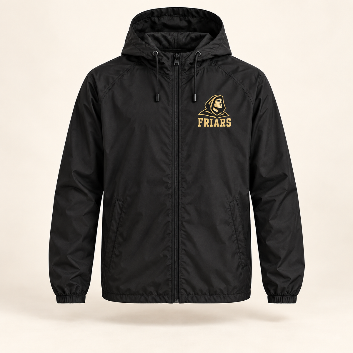 St. Anthony's Sideline Friars Hooded Windbreaker in Black — front view, independent Friars fan gear by 47 Swag Co