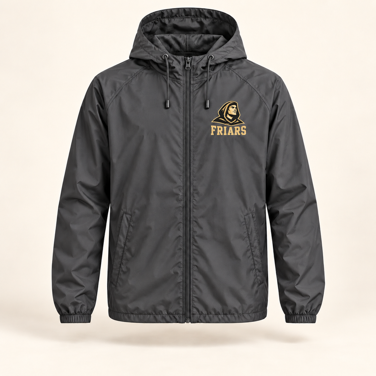 St. Anthony's Sideline Friars Hooded Windbreaker in Graphite — front view, independent Friars fan gear by 47 Swag Co